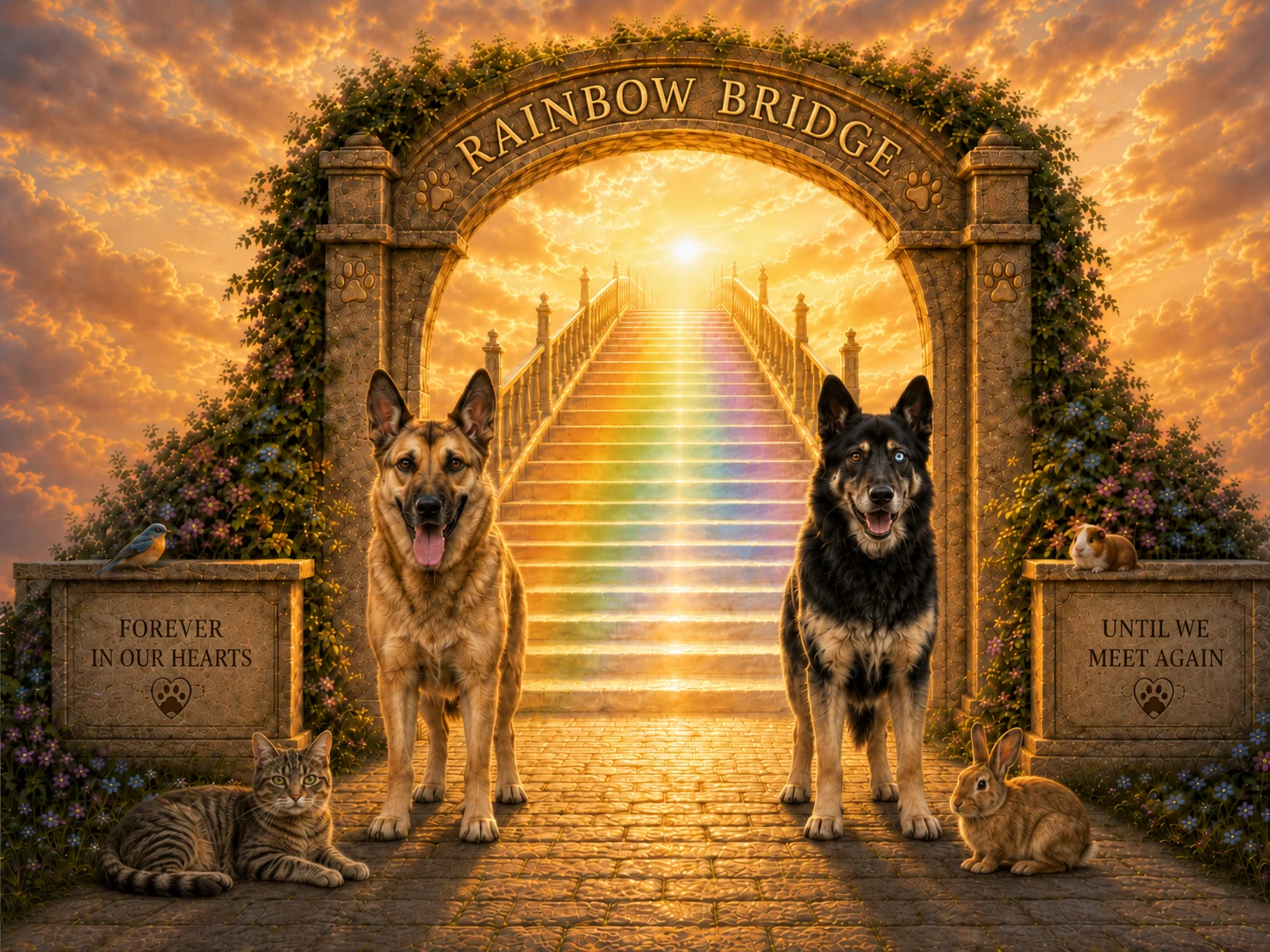 A rainbow bridge at sunset with beloved pets gathered at the entrance.