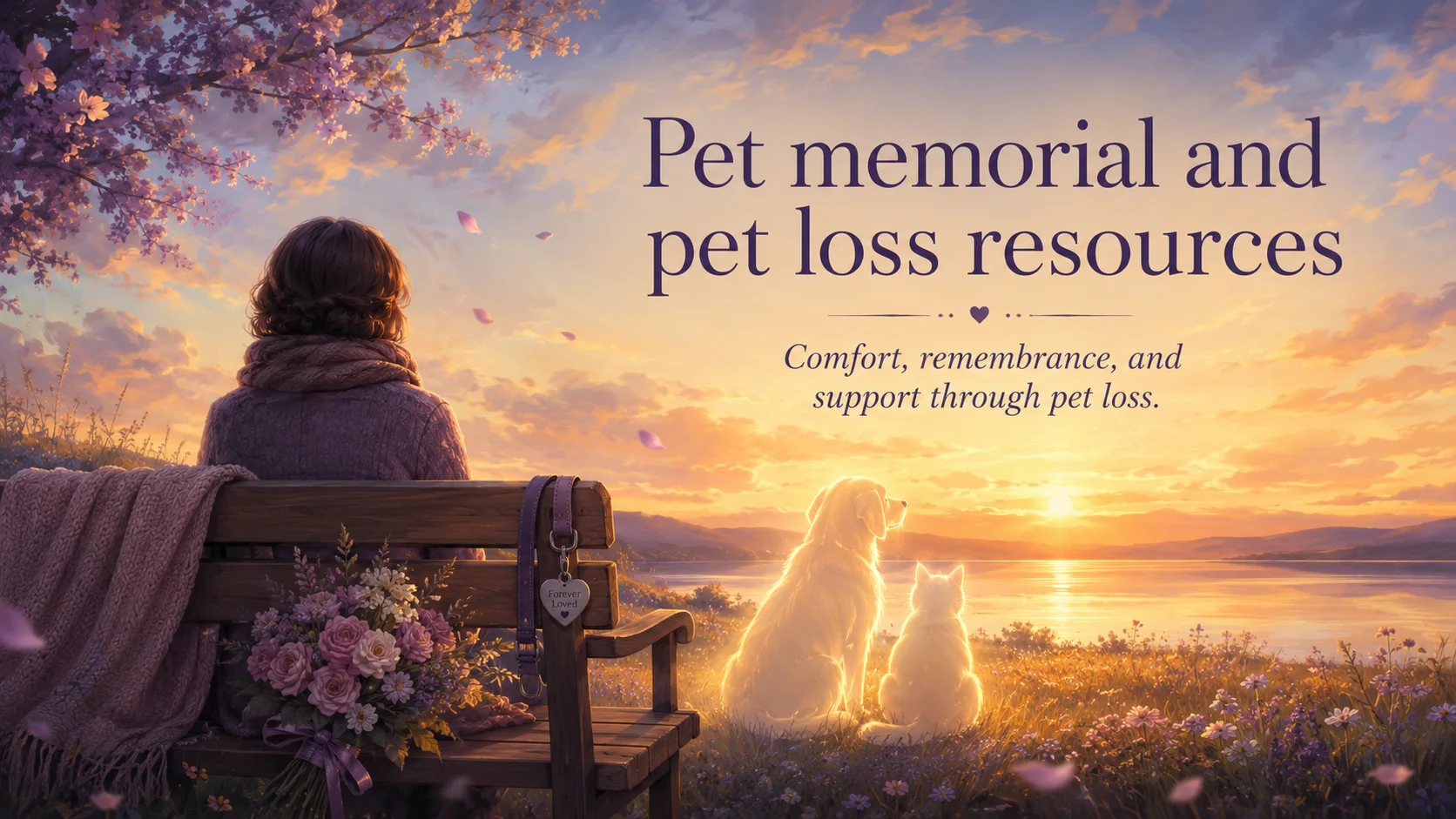 A person seated at a memorial bench at sunset, with a dog and cat nearby.